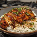 Close-up of honey BBQ chicken served over rice with vibrant garnishes.