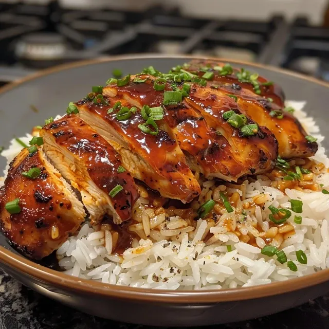 Close-up of honey BBQ chicken served over rice with vibrant garnishes.