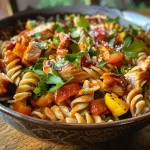 A close-up view of a BBQ Chicken Pasta Salad Bowl with colorful vegetables.