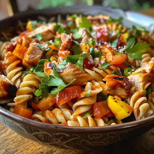 A close-up view of a BBQ Chicken Pasta Salad Bowl with colorful vegetables.