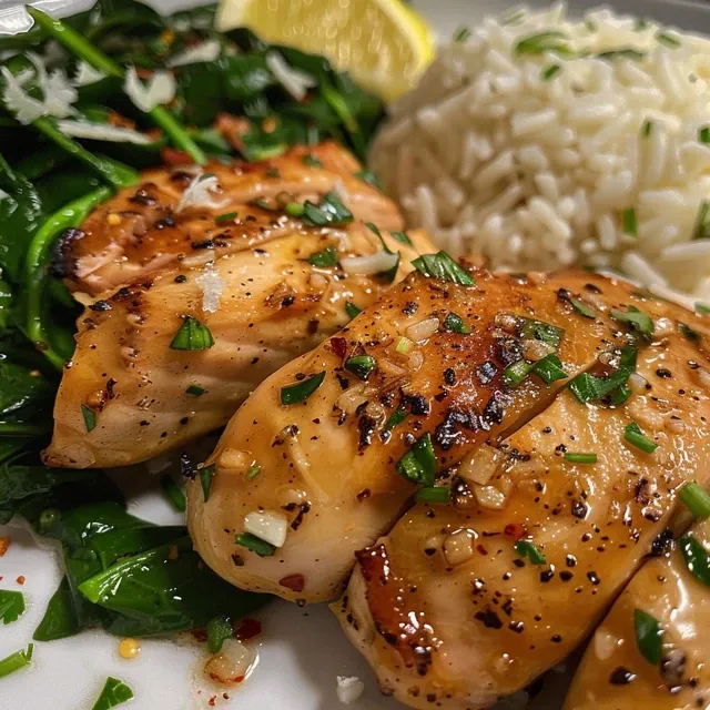 Close-up of Easy Garlic Chicken and Spinach Rice in a bowl, showcasing juicy chicken and vibrant green spinach.