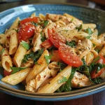 Close-up view of a plate of Tomato Spinach Chicken Pasta with vibrant cherry tomatoes and fresh spinach.
