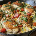 Close-up of a creamy basil chicken skillet with corn and tomatoes.