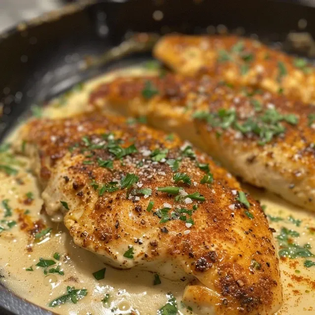 Delicious creamy Cajun chicken served on a plate, highlighting its rich sauce.