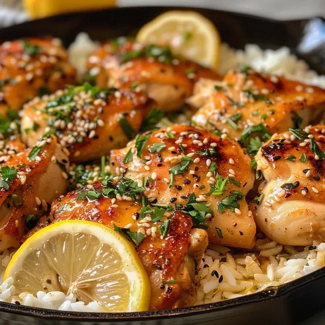 Juicy chicken thighs glazed with honey sauce beside fluffy rice in a skillet.