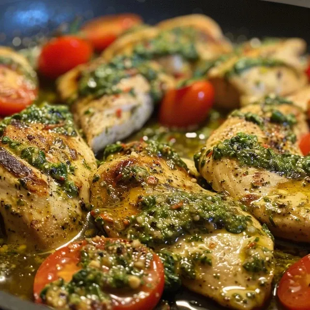 Juicy, succulent creamy pesto chicken served with vibrant roasted tomatoes and fresh spinach.