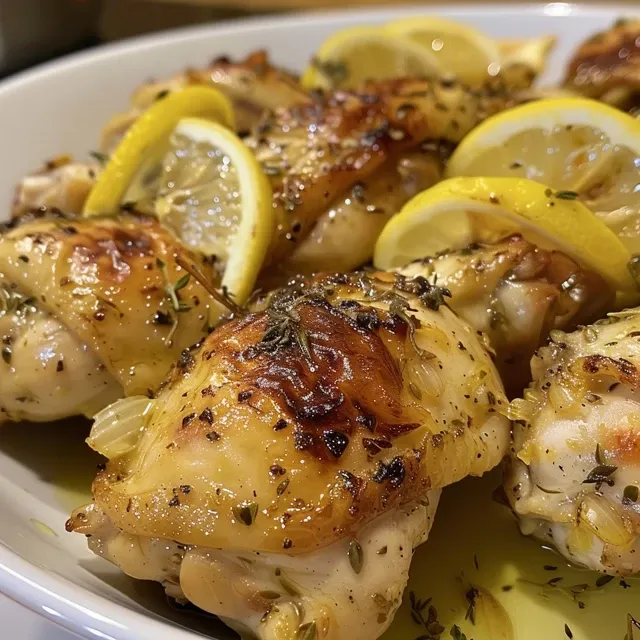 Side view of marinated chicken thighs glistening with lemon and herbs.