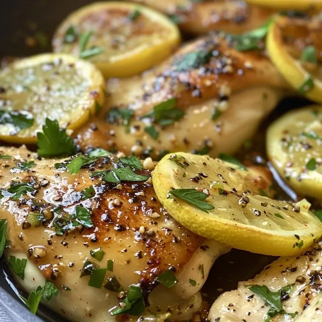 Close-up of sautéed chicken breasts with lemon slices and garlic in a frying pan.