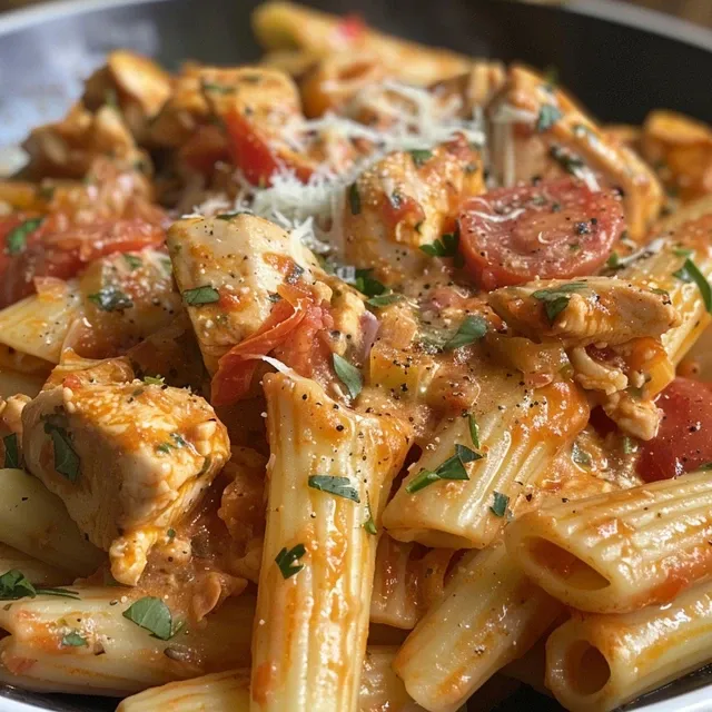 Tender chicken breast smothered in creamy tomato sauce.