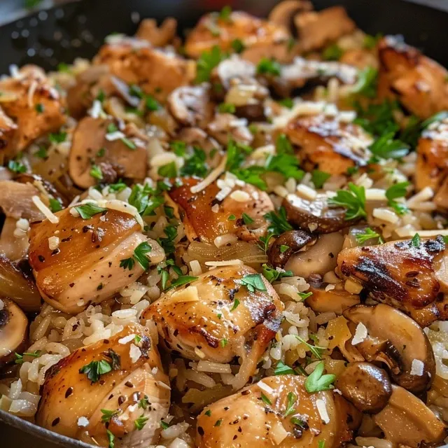 Side angle photo of One Pot Chicken & Mushroom Rice with vibrant ingredients including chicken, mushrooms, and herbs.