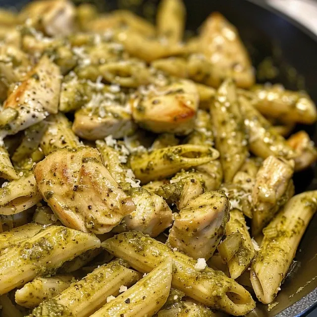 Side view of a bowl filled with creamy chicken pesto pasta garnished with chopped basil.