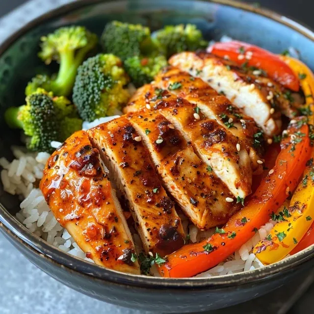Side view of a nutritious Chicken and Veggie Power Bowl featuring bright vegetables.