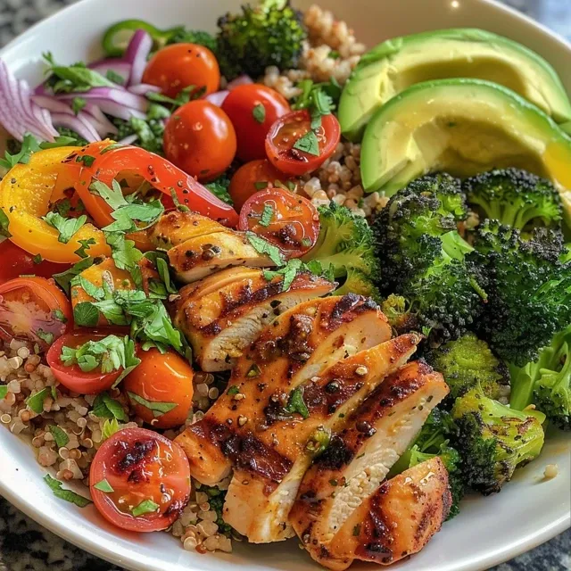 A visually appealing Fresh Tomato & Chicken Veggie Bowl featuring cubed chicken, fresh broccoli, and chopped tomatoes in a bright ceramic bowl.