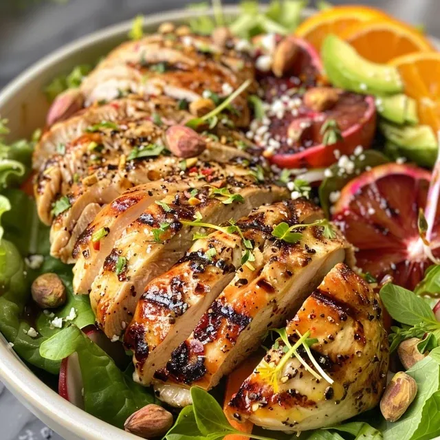 Juicy grilled chicken sliced on a vibrant citrus salad with greens and avocado.