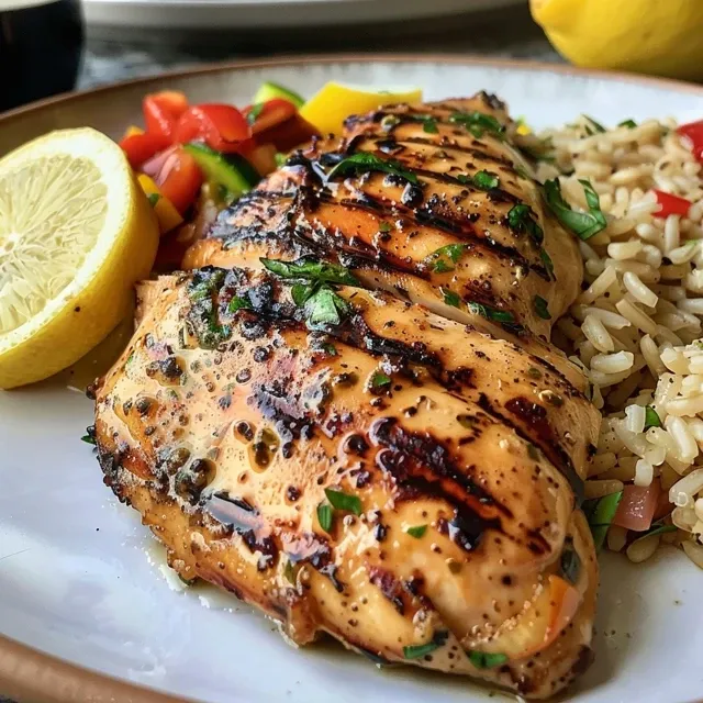 Close-up view of a healthy grilled chicken plate with colorful vegetables and rice.