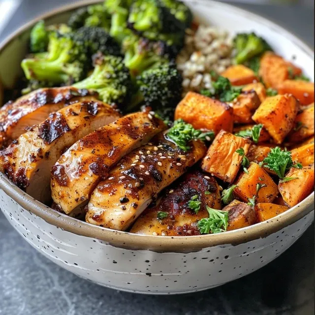 Juicy Maple Dijon Chicken served on a bed of cubed sweet potatoes and broccoli.