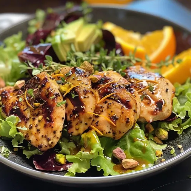 Close-up view of honey mustard chicken on a grill, featuring fresh herbs and citrus.