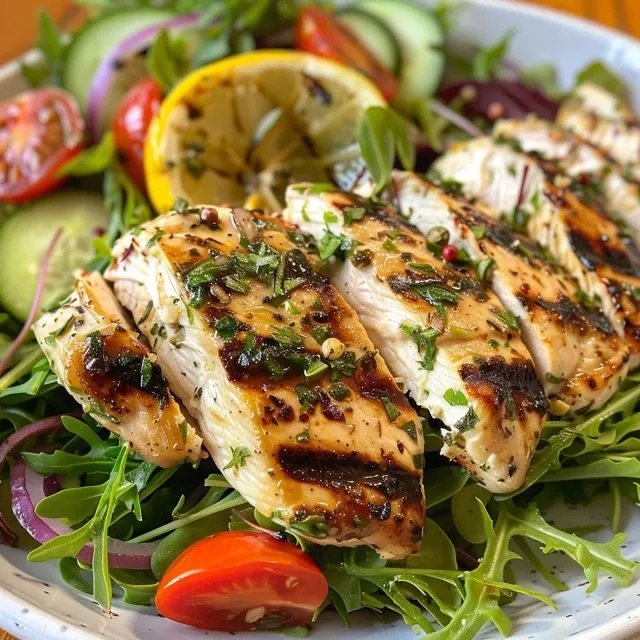 Side view of grilled chicken garnished with fresh herbs, served with colorful roasted potatoes and tomatoes.
