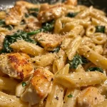 Close-up view of creamy Chicken Spinach Alfredo with penne pasta, garnished with parmesan cheese.