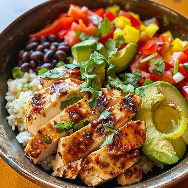 Side view of a delicious grilled chicken burrito bowl highlighting fresh toppings.