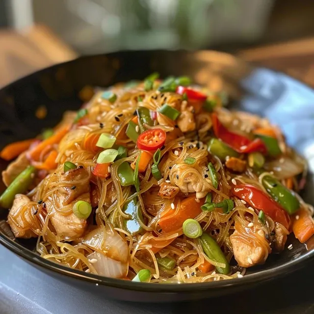 Juicy Chicken Stir-Fry served on rice noodles, garnished with green onions and sesame seeds.