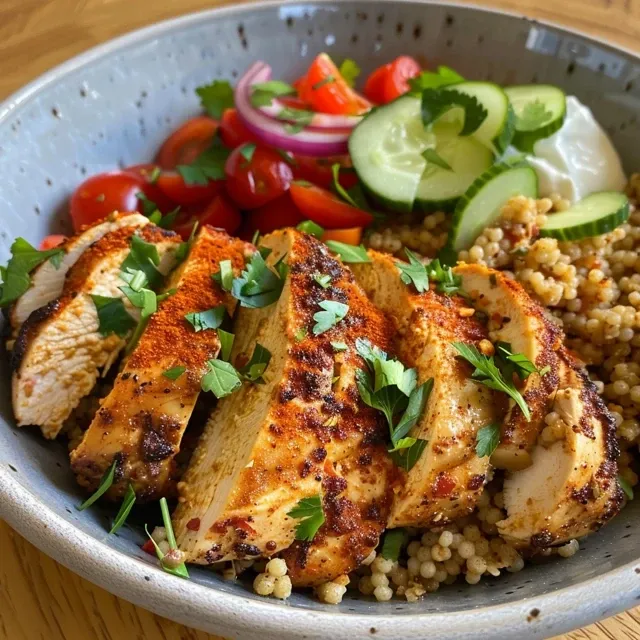 Side view of a vibrant chicken couscous dish featuring diced cucumbers and cherry tomatoes.