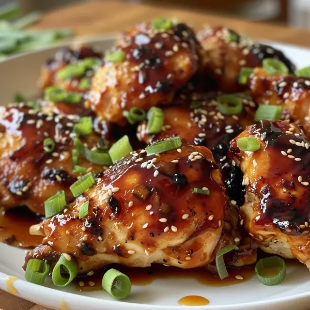 Side view of tender chicken thighs coated in honey soy sauce, garnished with sesame seeds and green onions.