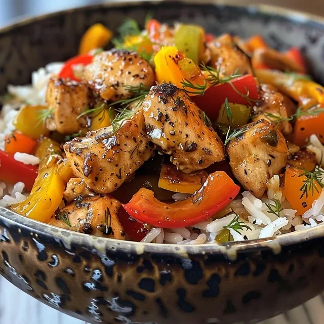 Side view of a delicious Chicken and Bell Peppers Rice Bowl garnished with fresh dill.