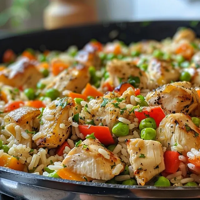 A close-up side view of a skillet filled with juicy chicken, cooked rice, and assorted vegetables.