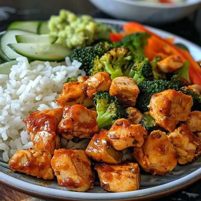 Close-up of a juicy spicy chicken and veggie rice dish with vibrant green broccoli and fresh cucumbers.