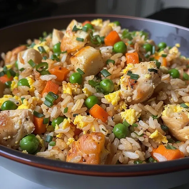 Side view of high protein chicken fried rice garnished with green onions.