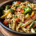 Close-up view of Chicken Pasta Primavera with colorful vegetables.