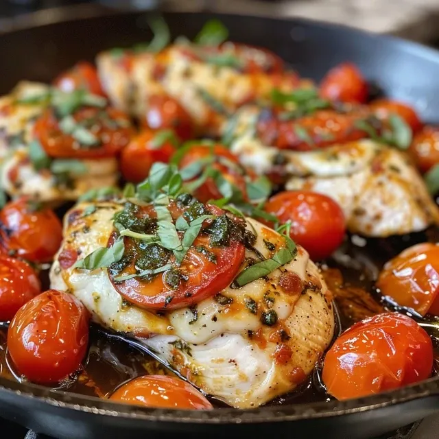Side view of a succulent Chicken Caprese dish with fresh basil and balsamic glaze.