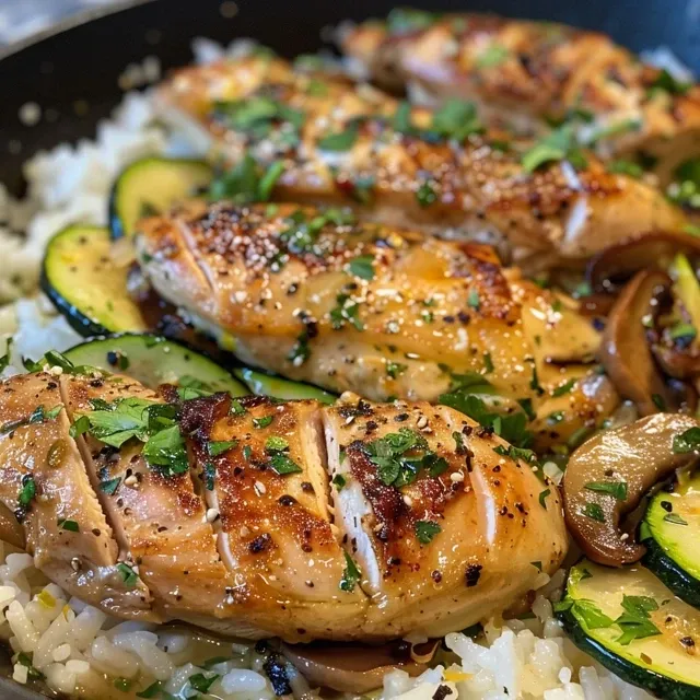 Side angle of a skillet filled with Chicken Zucchini Rice, showcasing grilled chicken and mushrooms.