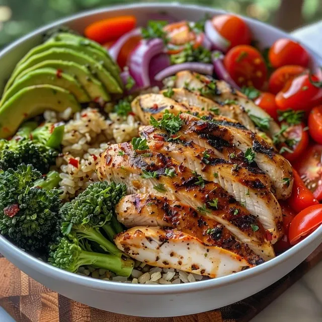 Close-up view of a veggie bowl featuring grilled chicken, broccoli, and cherry tomatoes.
