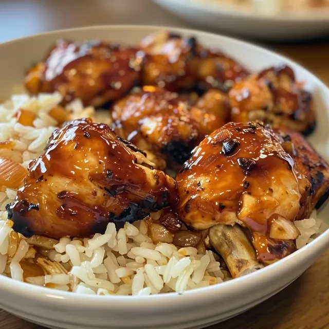 Juicy honey BBQ chicken thighs on a bed of fluffy white rice, garnished with herbs.