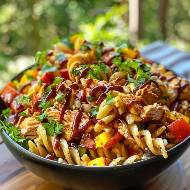 Side view of a mouthwatering BBQ Chicken Pasta Salad filled with pasta and veggies.