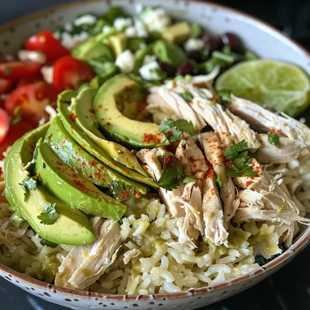 A vibrant rice bowl featuring chicken, avocado, and fresh toppings, captured from the side.
