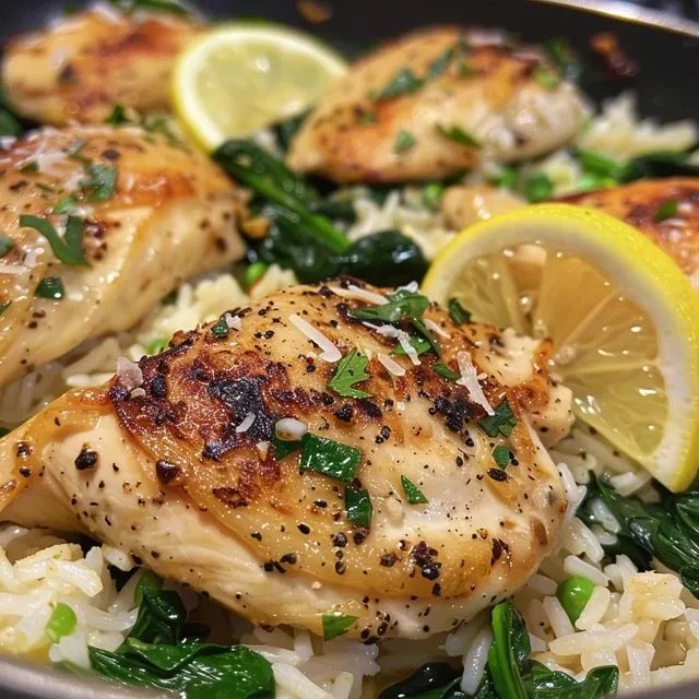 Side view of a serving of Easy Garlic Chicken and Spinach Rice, highlighting the tender chicken and fluffy rice.