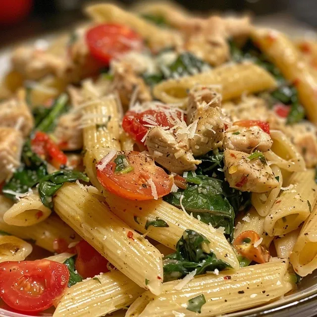 Side view of Tomato Spinach Chicken Pasta showcasing diced chicken and colorful vegetables.