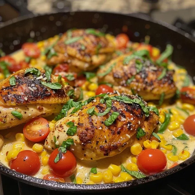 Juicy chicken breast served with tomatoes and corn in a skillet.