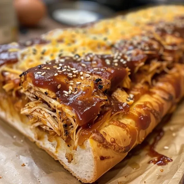 Juicy BBQ Chicken Stuffed Bread with melted cheese and a rustic crust, viewed from the side.