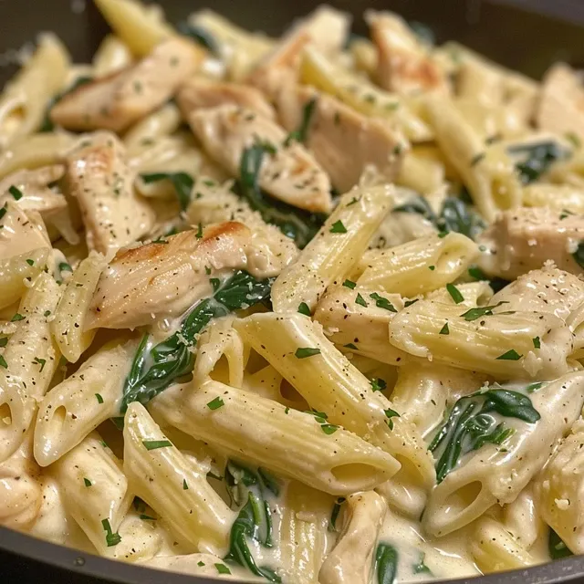 Side view of a delicious Chicken Spinach Alfredo dish featuring tender penne pasta and fresh spinach.