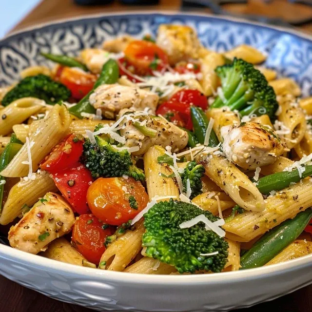 Side view of a plate filled with Chicken Pasta Primavera garnished with fresh herbs.