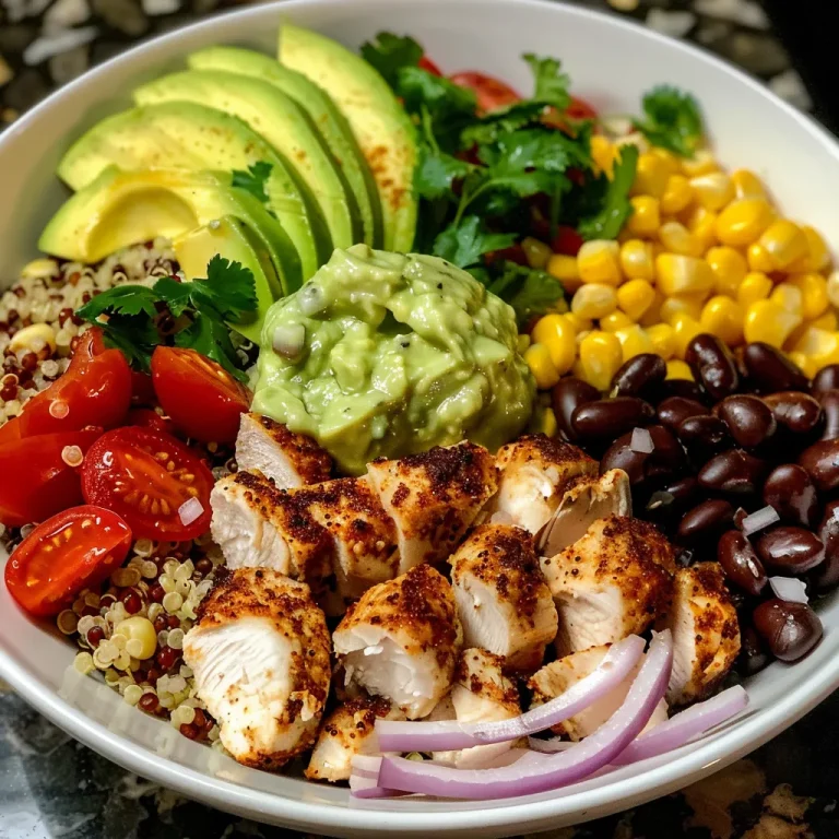 Close-up view of a colorful avocado chicken quinoa bowl with various ingredients.