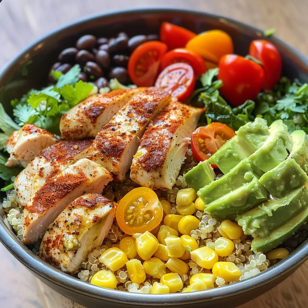 Vibrant avocado chicken quinoa bowl featuring diced chicken, beans, and cherry tomatoes.