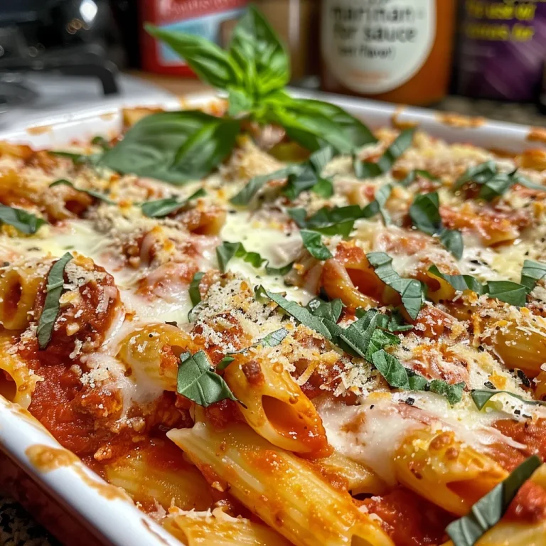 A close-up view of Baked Chicken Parmesan Pasta with melted cheese, juicy chicken, and pasta.