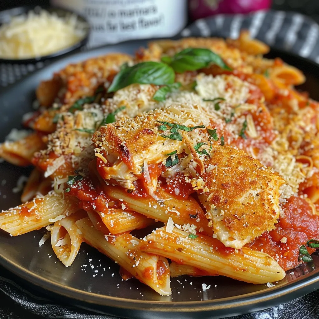 Delicious Baked Chicken Parmesan Pasta topped with marinara sauce and fresh herbs in a side view.
