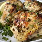 Juicy baked Greek yogurt chicken breasts garnished with fresh parsley.