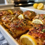 Close-up of juicy baked honey mustard chicken thighs garnished with herbs.